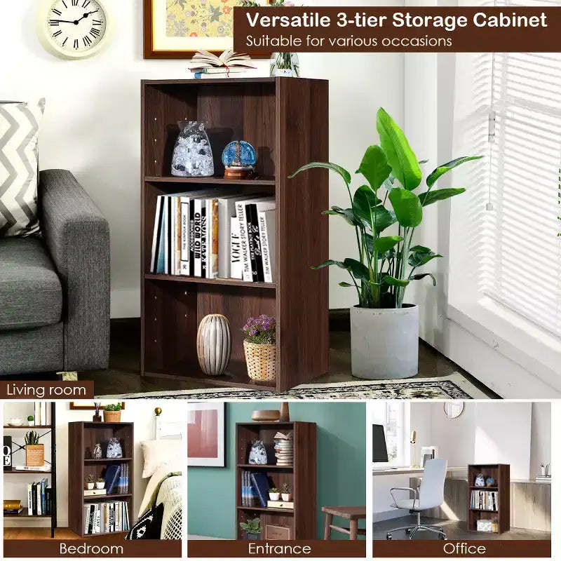 Costway 2 PCS 3 Tier Open Shelf Bookcase Multi-functional Storage Display Cabinet Walnut