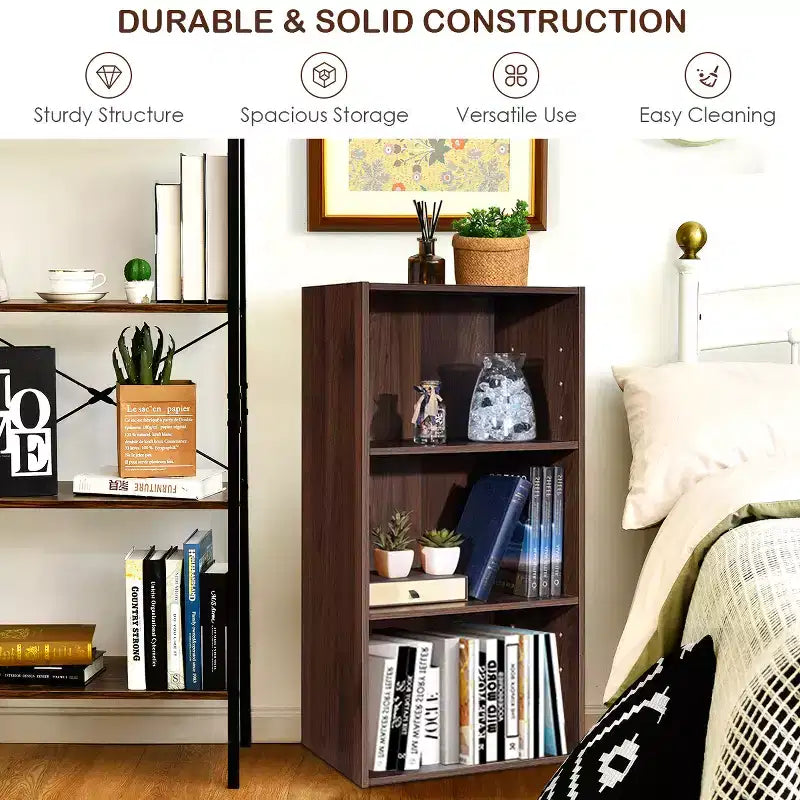 Costway 2 PCS 3 Tier Open Shelf Bookcase Multi-functional Storage Display Cabinet Walnut