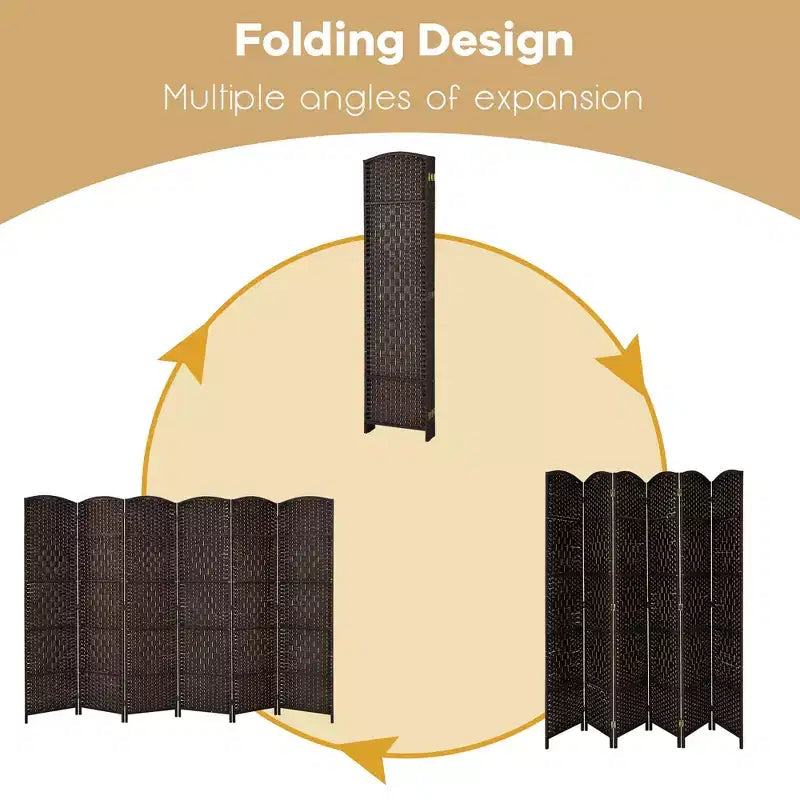 Costway 6-Panel Room Divider 6Ft Weave Fiber Folding Privacy Screen Brown\Black