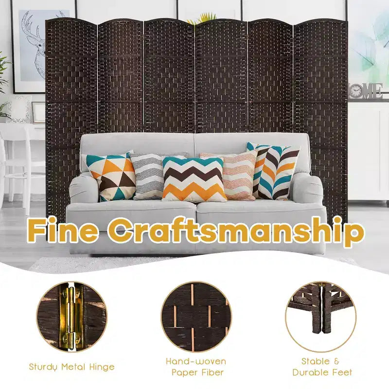 Costway 6-Panel Room Divider 6Ft Weave Fiber Folding Privacy Screen Brown\Black