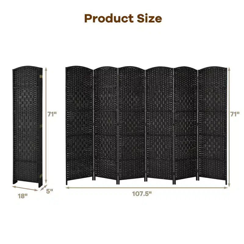Costway 6-Panel Room Divider 6Ft Weave Fiber Folding Privacy Screen Brown\Black
