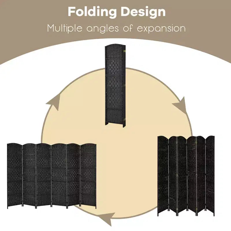 Costway 6-Panel Room Divider 6Ft Weave Fiber Folding Privacy Screen Brown\Black