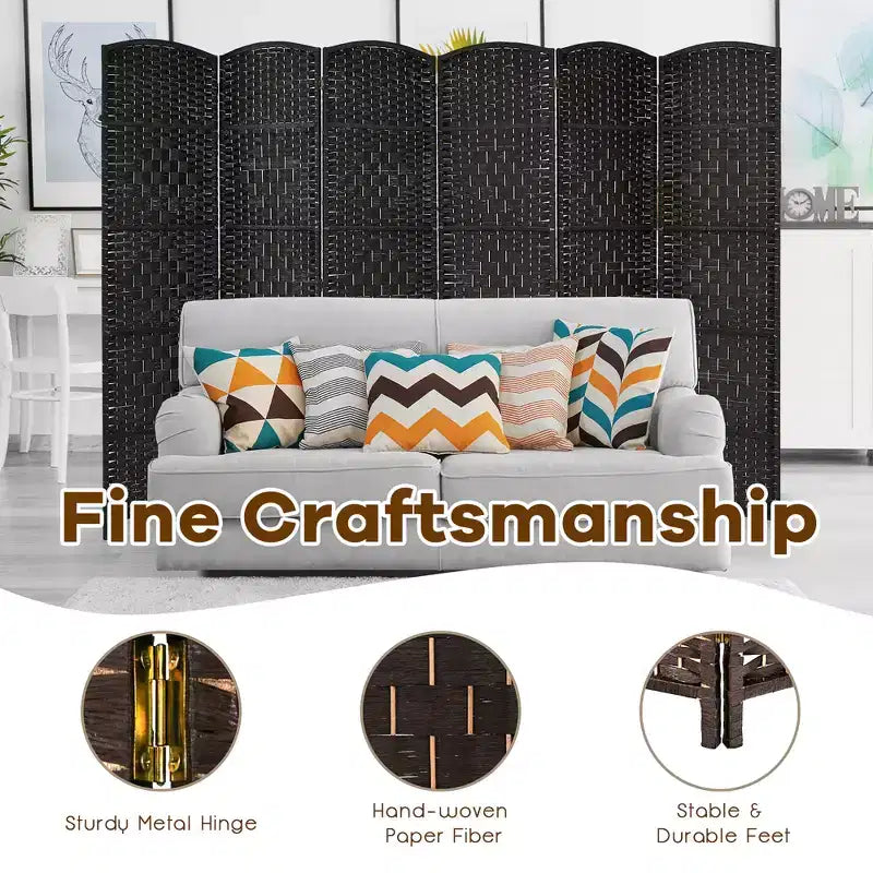 Costway 6-Panel Room Divider 6Ft Weave Fiber Folding Privacy Screen Brown\Black