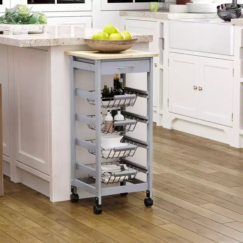 HOMCOM 32.25 Wooden Rolling Kitchen Storage Cart, Kitchen Island with Storage Drawer and Baskets on 360 Swivel Wheels