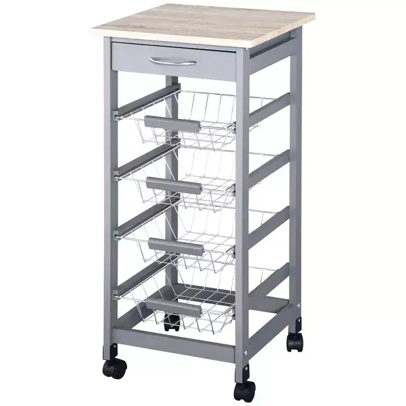HOMCOM 32.25 Wooden Rolling Kitchen Storage Cart, Kitchen Island with Storage Drawer and Baskets on 360 Swivel Wheels