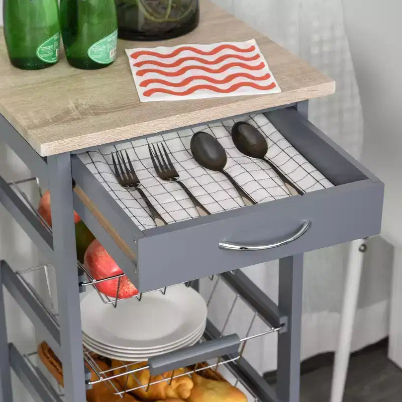 HOMCOM 32.25 Wooden Rolling Kitchen Storage Cart, Kitchen Island with Storage Drawer and Baskets on 360 Swivel Wheels